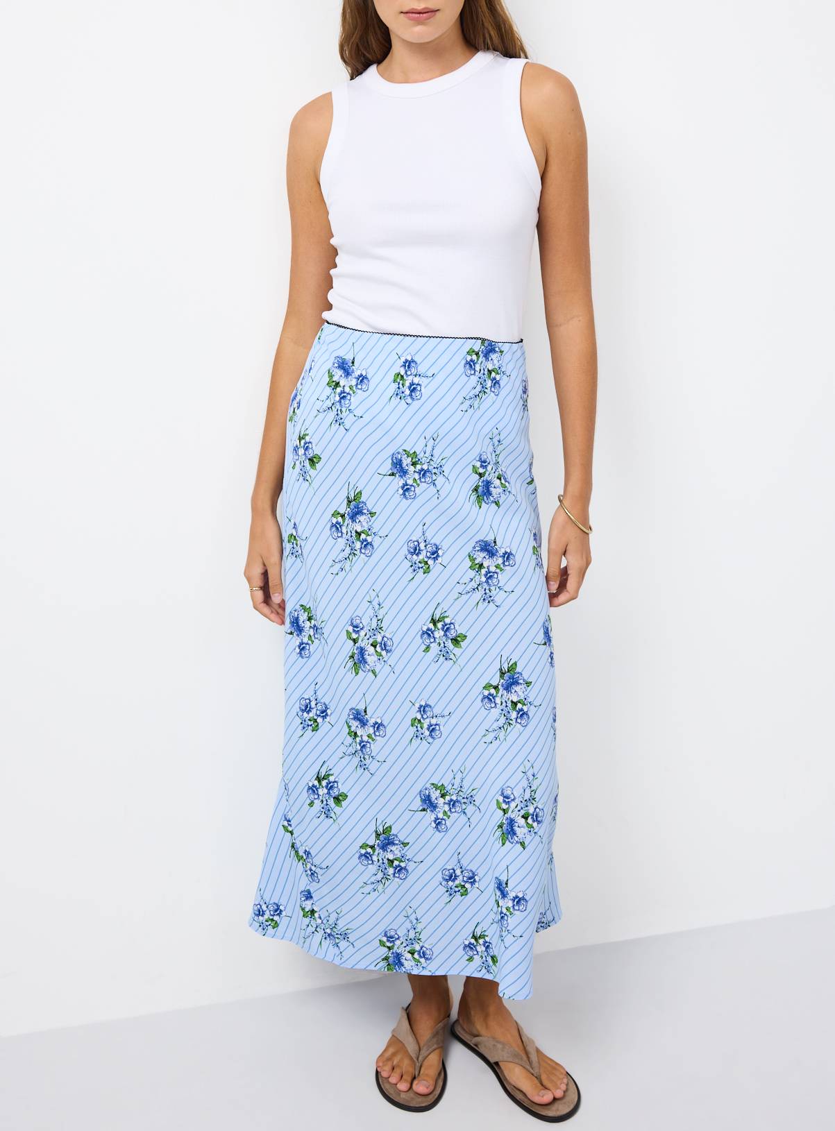 Blue Stripe Floral Print Midaxi Slip Skirt 8 - Image 1